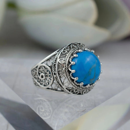 Filigree Art Turquoise Stone Woman Silver Statement Ring - Drakoi Marketplace