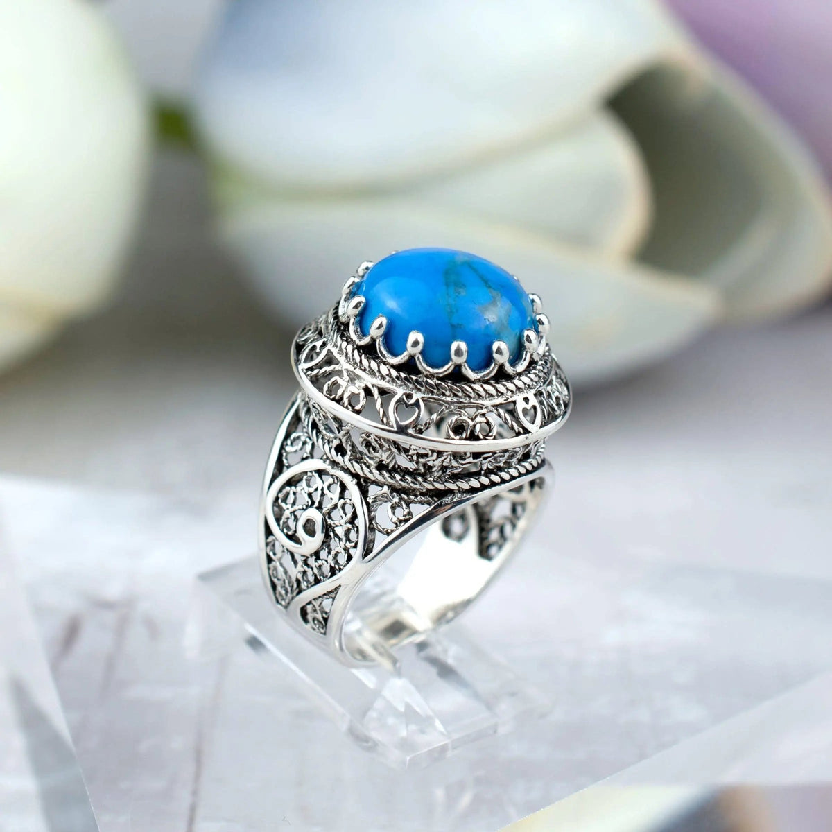 Filigree Art Turquoise Stone Woman Silver Statement Ring - Drakoi Marketplace