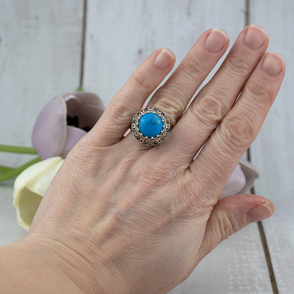 Filigree Art Turquoise Stone Woman Silver Statement Ring - Drakoi Marketplace