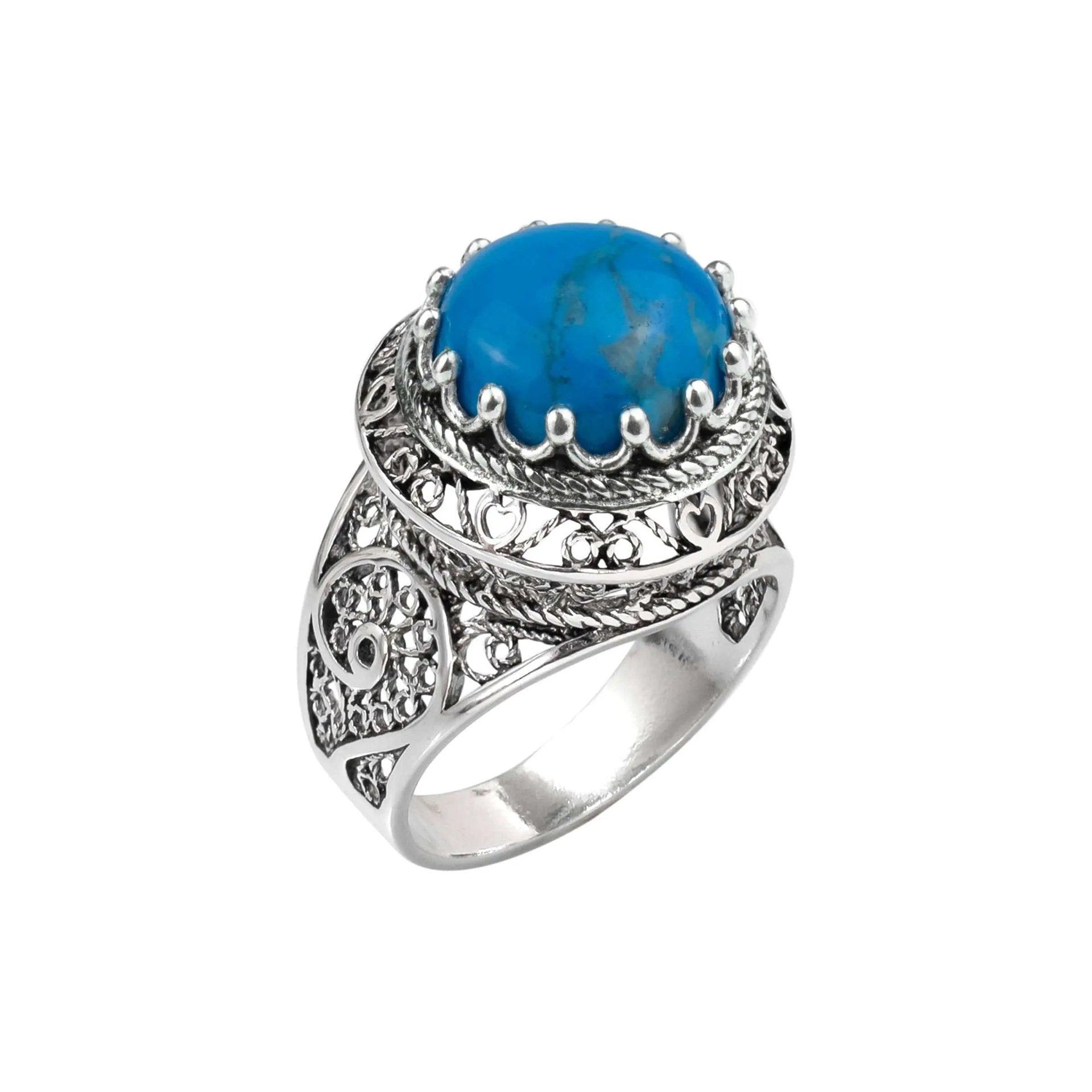 Filigree Art Turquoise Stone Woman Silver Statement Ring - Drakoi Marketplace