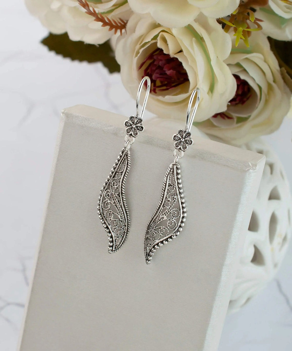 Filigree Art Twisted Design Women Sterling Silver Dangle Drop Earrings - Drakoi Marketplace