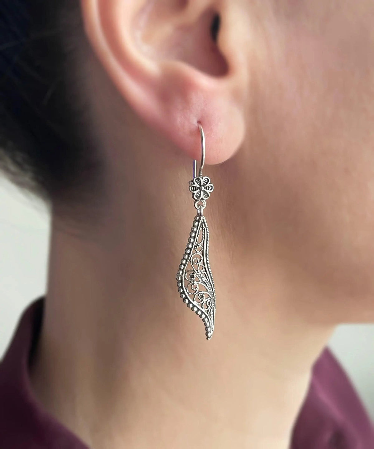 Filigree Art Twisted Design Women Sterling Silver Dangle Drop Earrings - Drakoi Marketplace