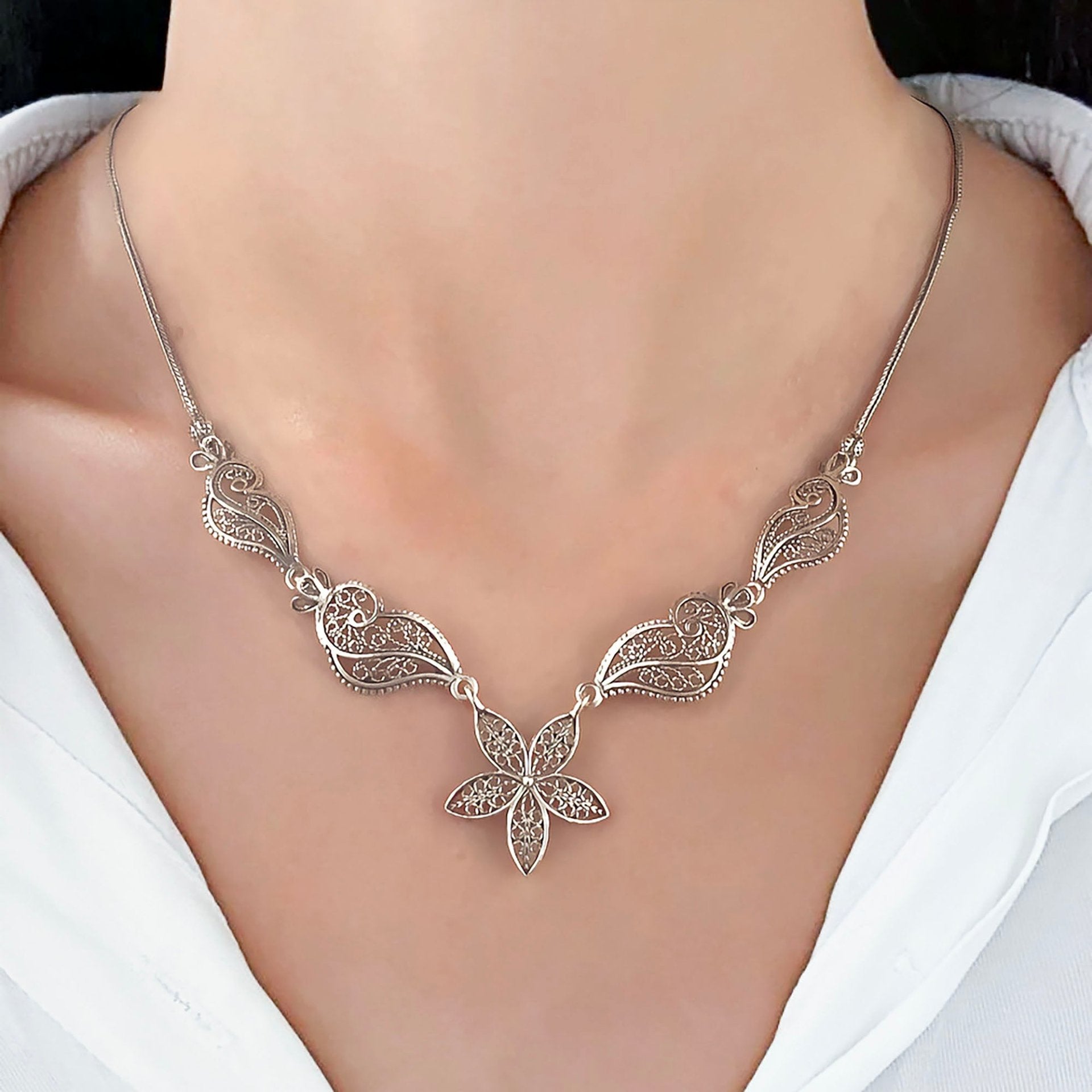 Filigree Art Women Sterling Silver Princess Necklace - Drakoi Marketplace