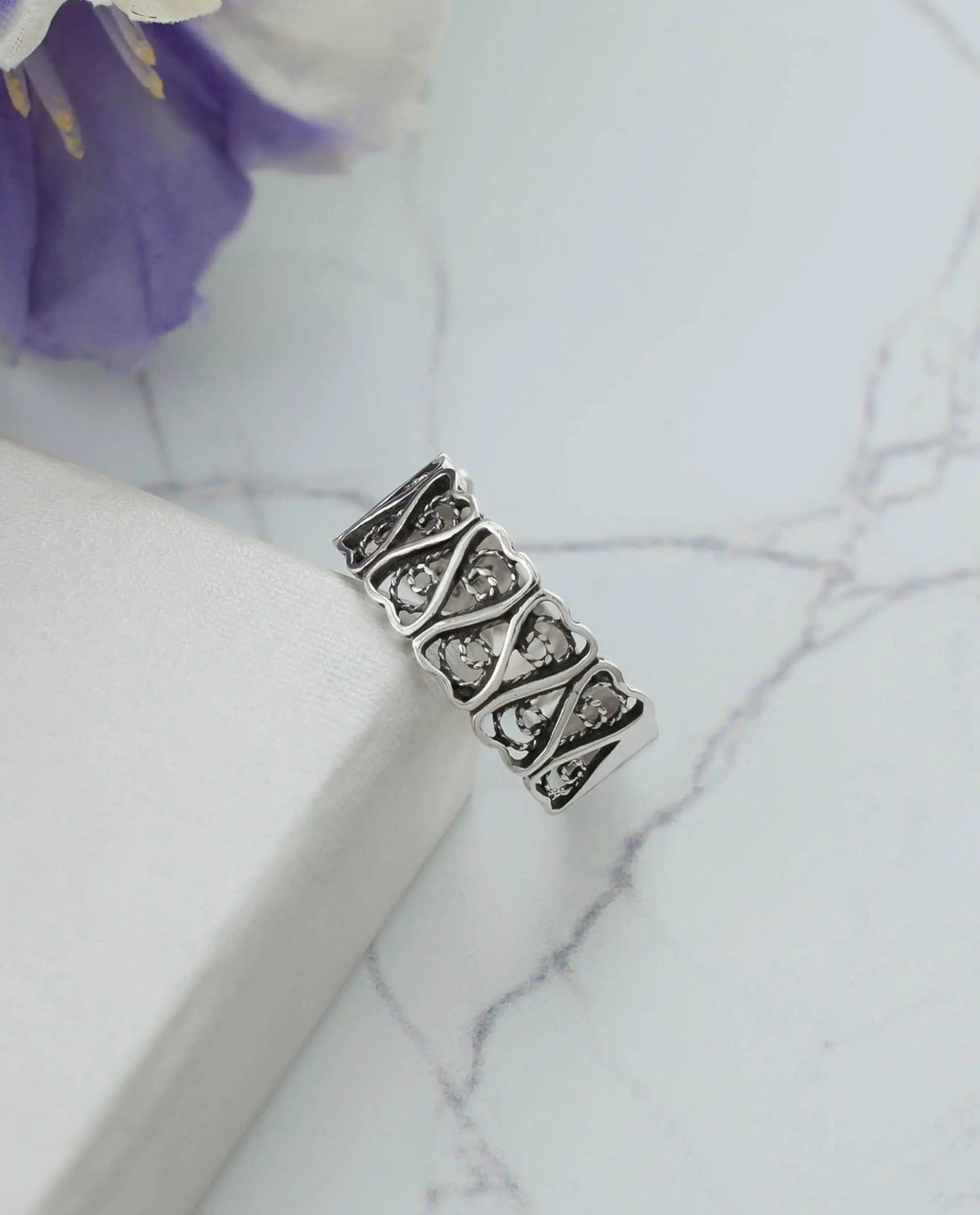 Filigree Art Women Sterling Silver Rose Design Band Ring - Drakoi Marketplace