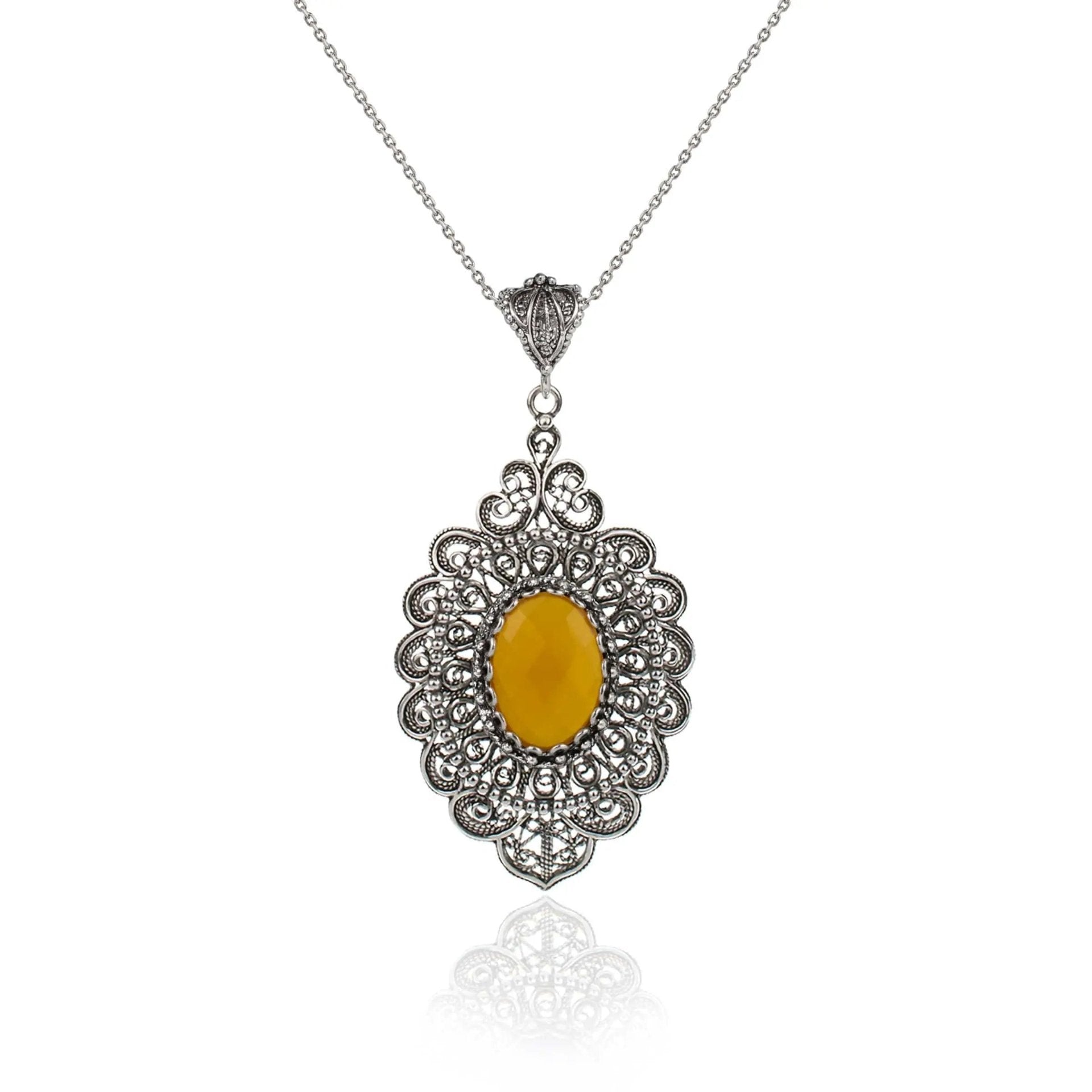 Filigree Art Yellow Agate Gemstone Floral Figured Women Silver Oval Pendant Necklace - Drakoi Marketplace