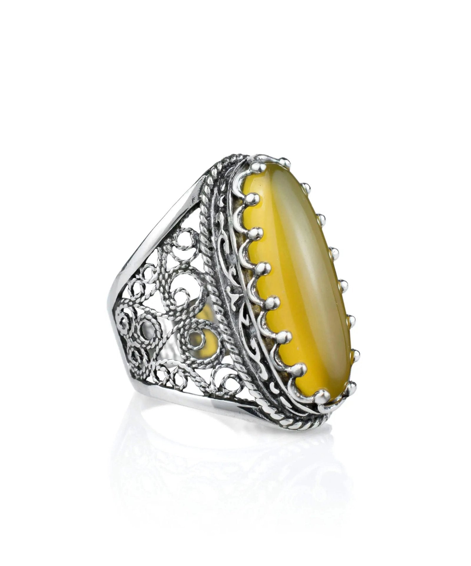 Filigree Art Yellow Agate Gemstone Women Silver Long Statement Ring - Drakoi Marketplace