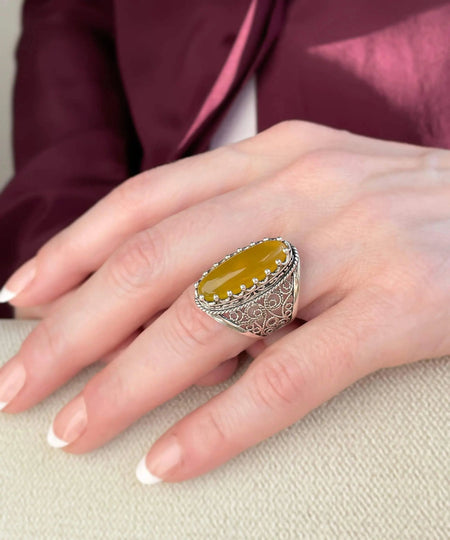 Filigree Art Yellow Agate Gemstone Women Silver Long Statement Ring - Drakoi Marketplace