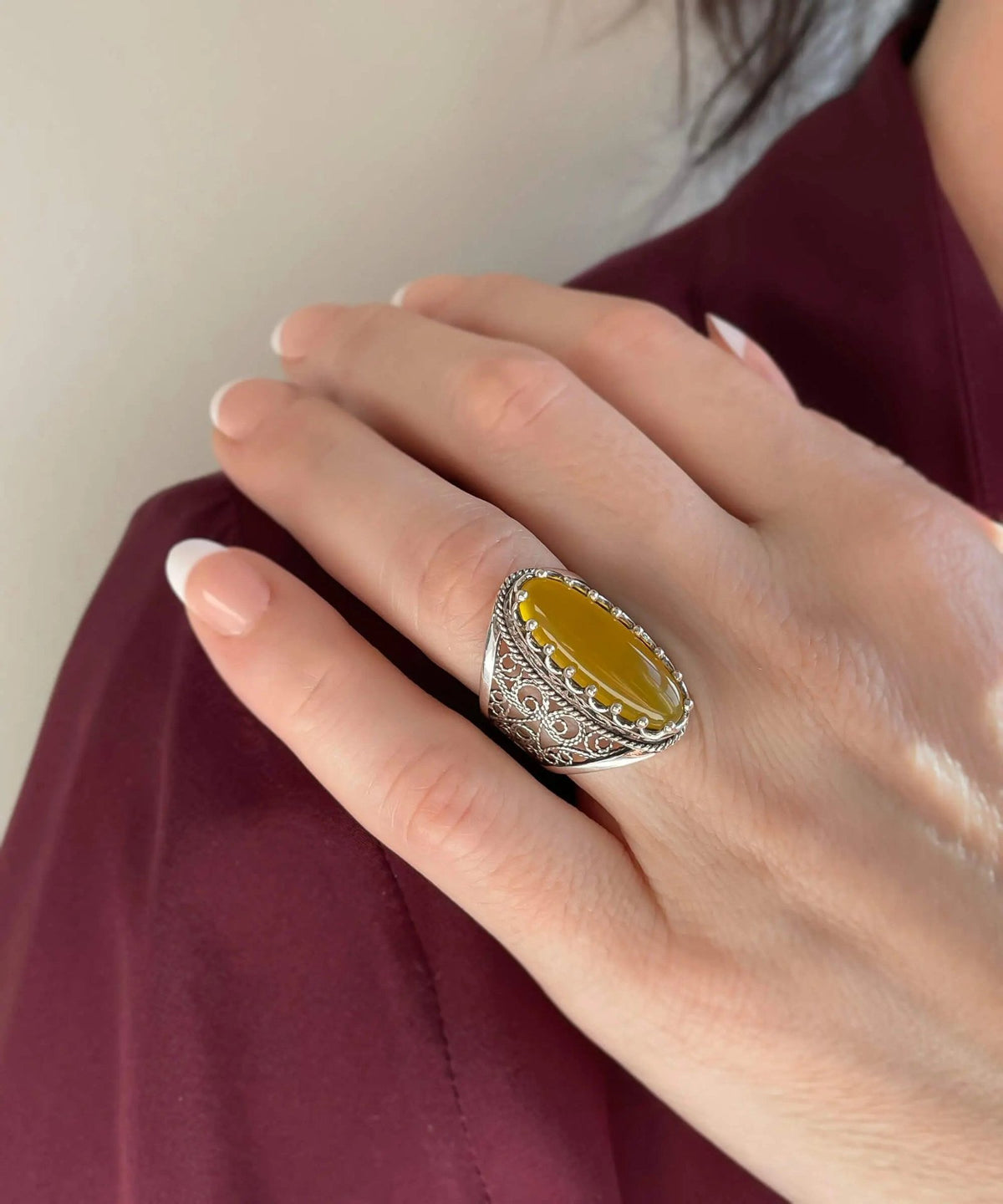 Filigree Art Yellow Agate Gemstone Women Silver Long Statement Ring - Drakoi Marketplace