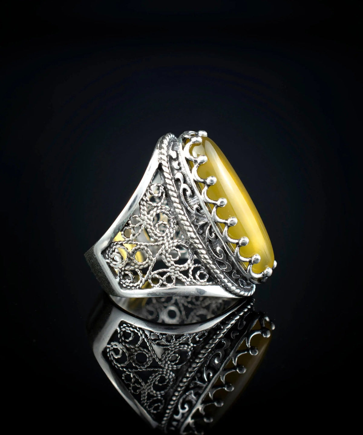 Filigree Art Yellow Agate Gemstone Women Silver Long Statement Ring - Drakoi Marketplace