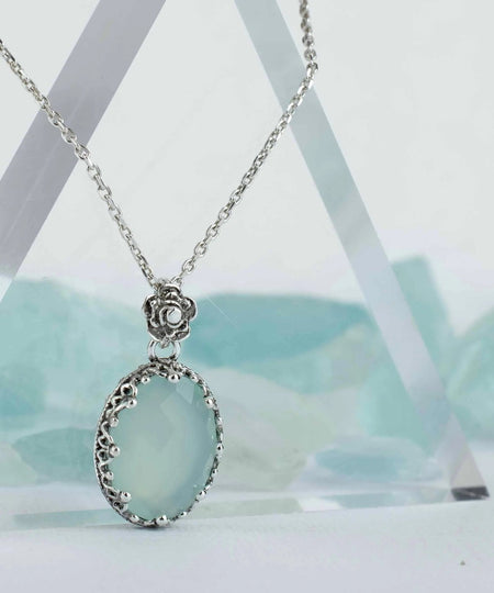 Filigree Silver Aqua Chalcedony Gemstone Woman Oval Pendant Necklace - Drakoi Marketplace