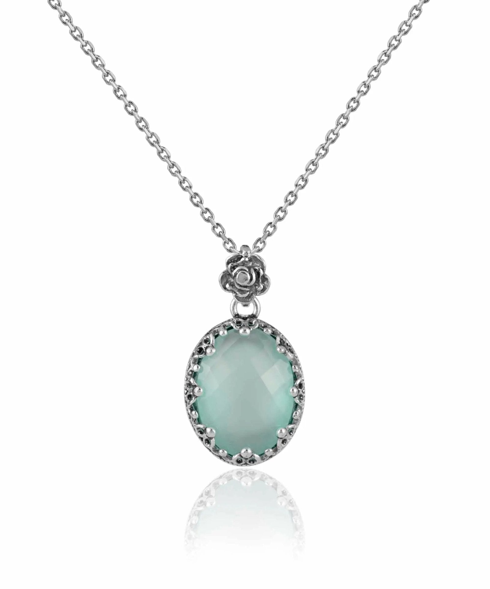 Filigree Silver Aqua Chalcedony Gemstone Woman Oval Pendant Necklace - Drakoi Marketplace