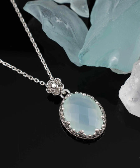 Filigree Silver Aqua Chalcedony Gemstone Woman Oval Pendant Necklace - Drakoi Marketplace