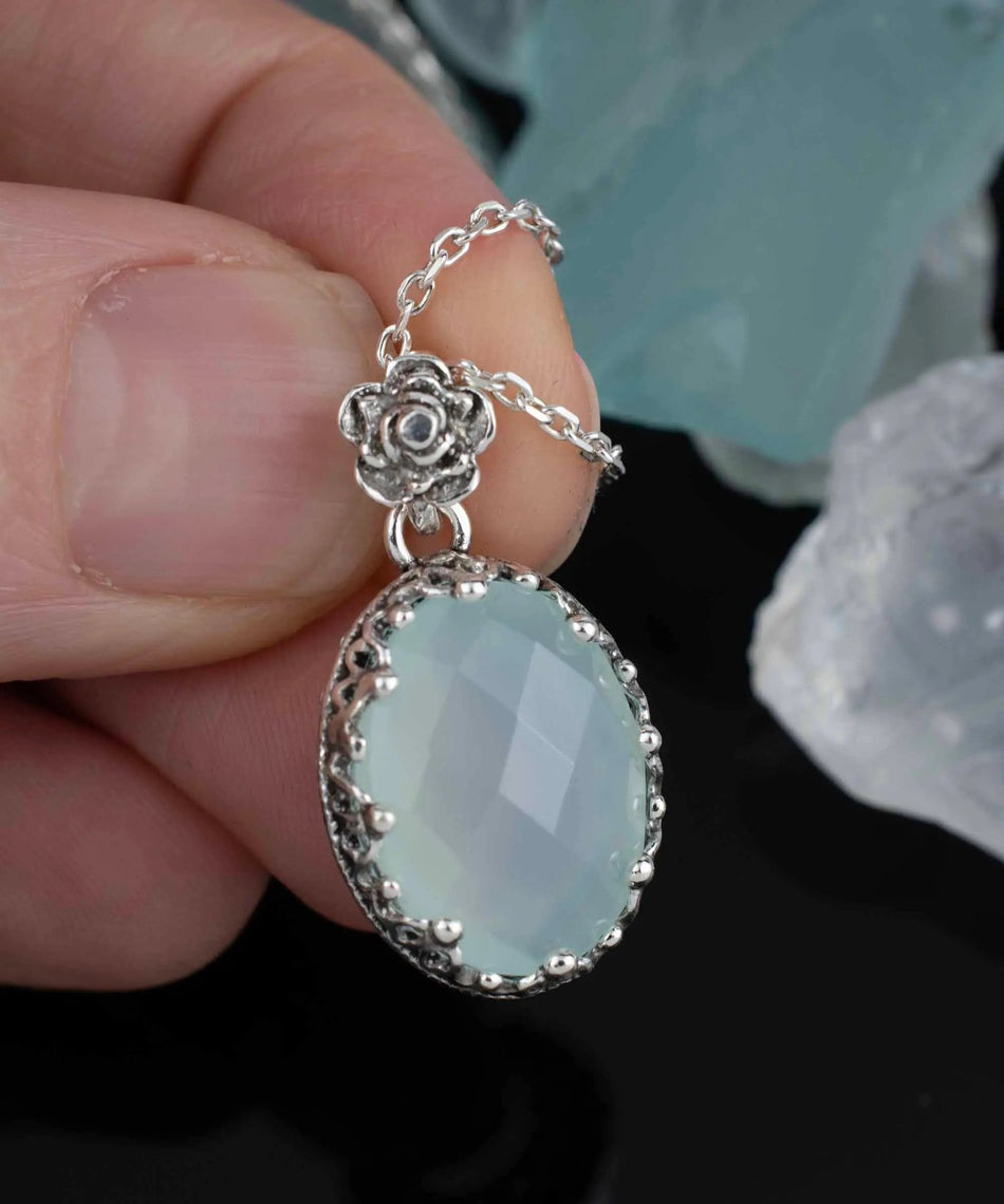 Filigree Silver Aqua Chalcedony Gemstone Woman Oval Pendant Necklace - Drakoi Marketplace