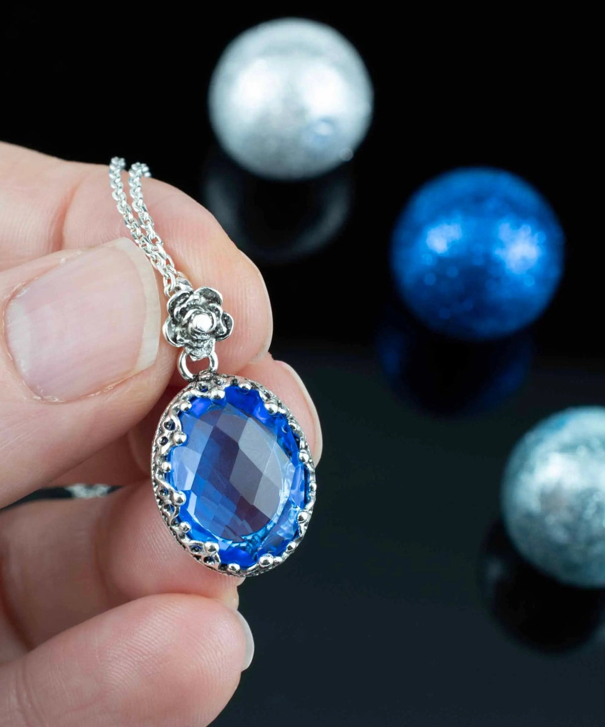 Filigree Silver Blue Quartz Gemstone Woman Oval Pendant Necklace - Drakoi Marketplace