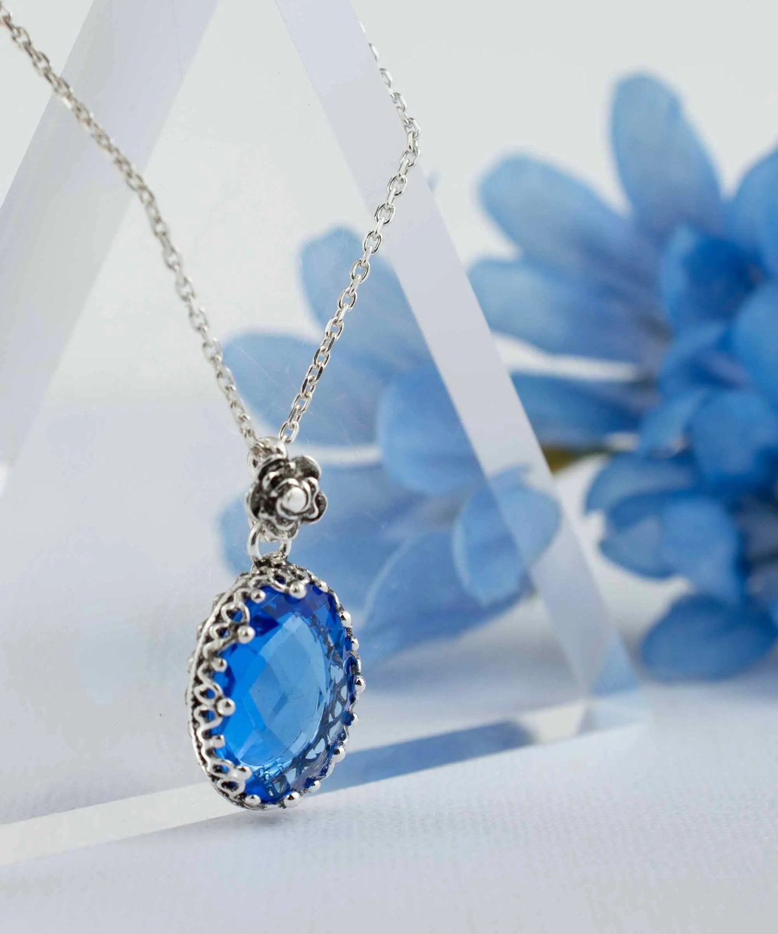 Filigree Silver Blue Quartz Gemstone Woman Oval Pendant Necklace - Drakoi Marketplace