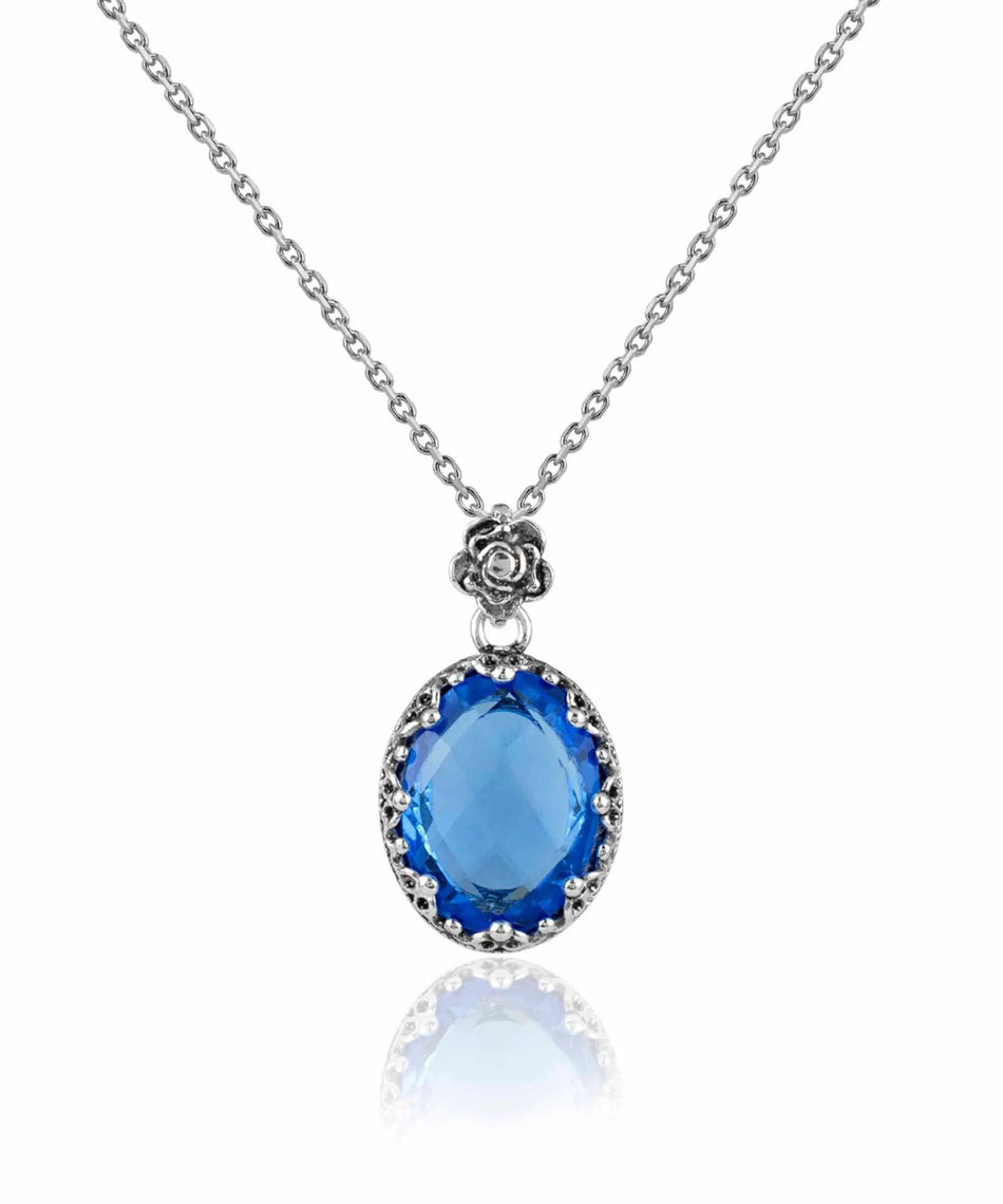 Filigree Silver Blue Quartz Gemstone Woman Oval Pendant Necklace - Drakoi Marketplace