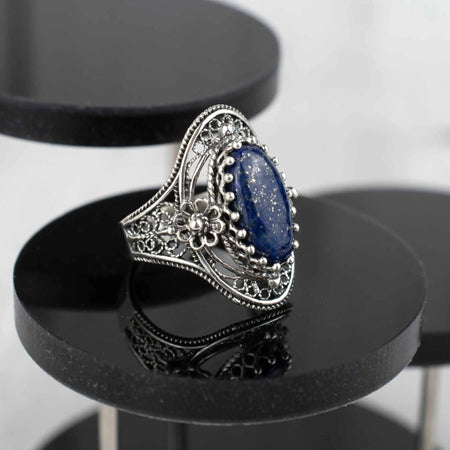 Filigree Silver Daisy Figured Lapis Gemstone Woman Statement Ring - Drakoi Marketplace