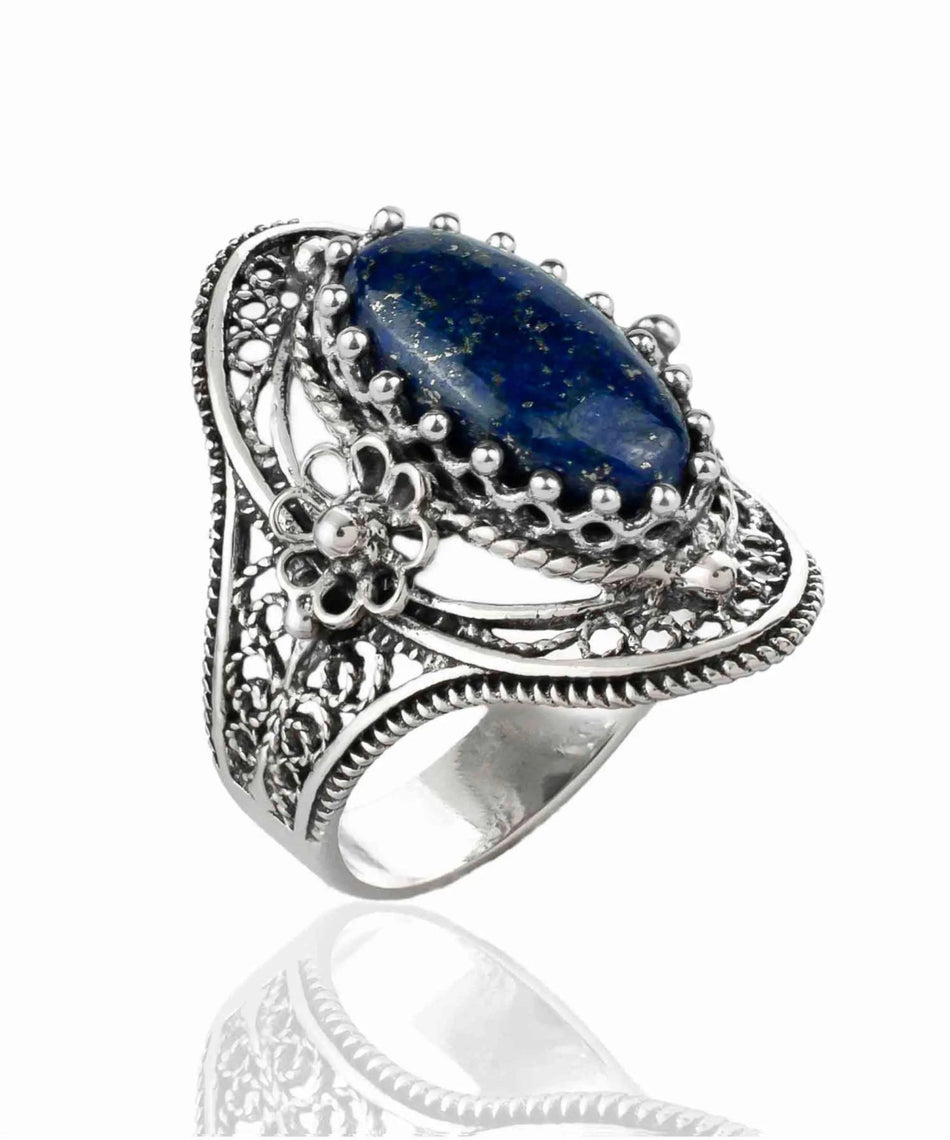 Filigree Silver Daisy Figured Lapis Gemstone Woman Statement Ring - Drakoi Marketplace