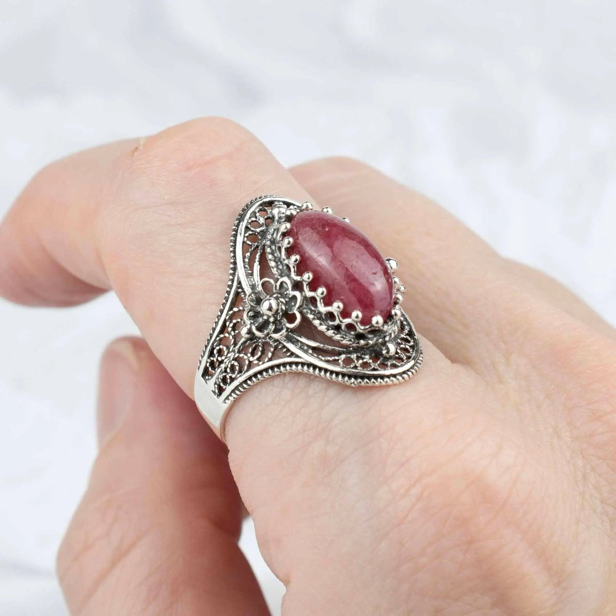 Filigree Silver Daisy Figured Rhodonite Gemstone Woman Statement Ring - Drakoi Marketplace