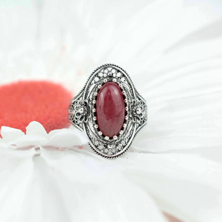 Filigree Silver Daisy Figured Rhodonite Gemstone Woman Statement Ring - Drakoi Marketplace