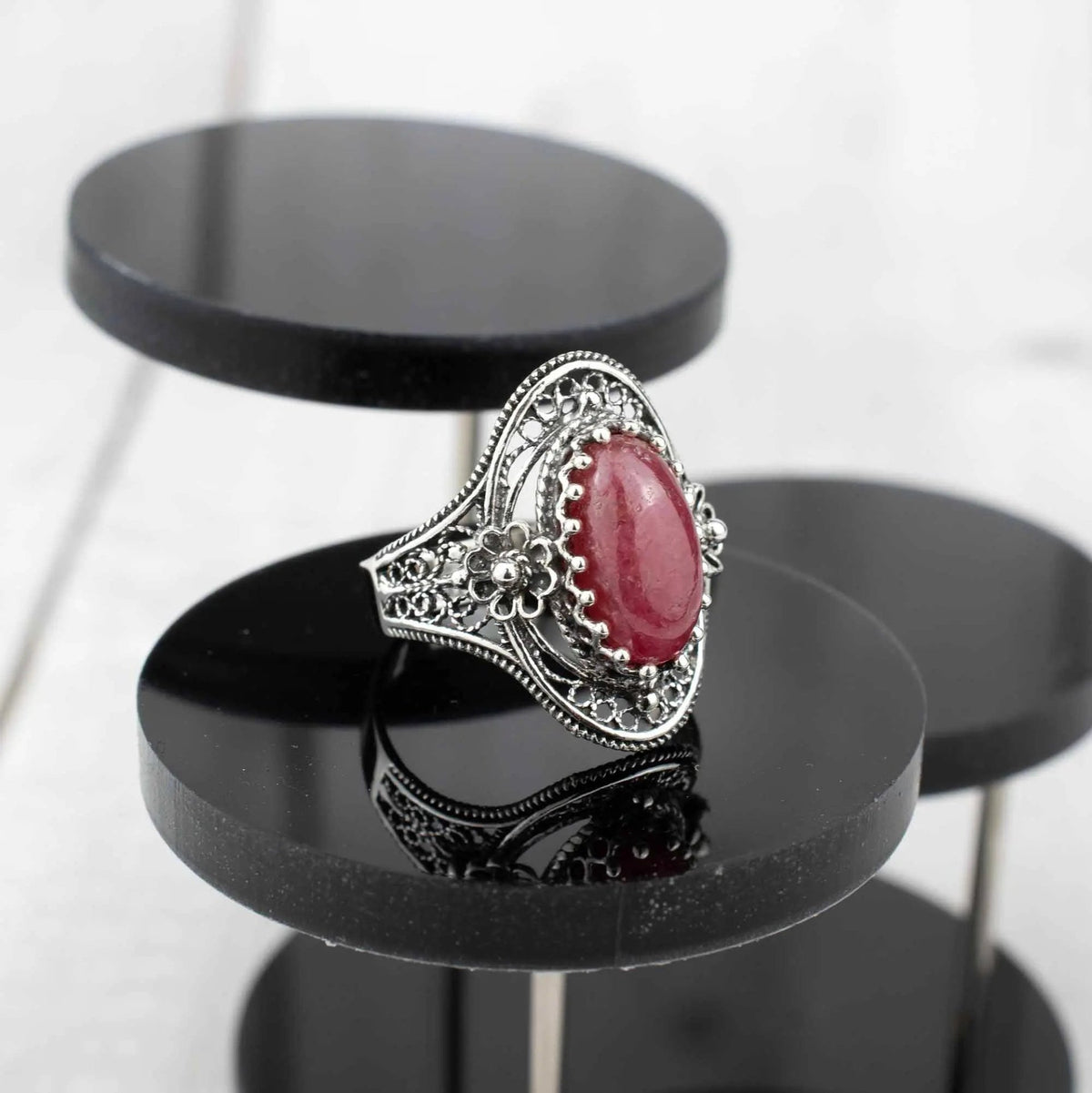 Filigree Silver Daisy Figured Rhodonite Gemstone Woman Statement Ring - Drakoi Marketplace