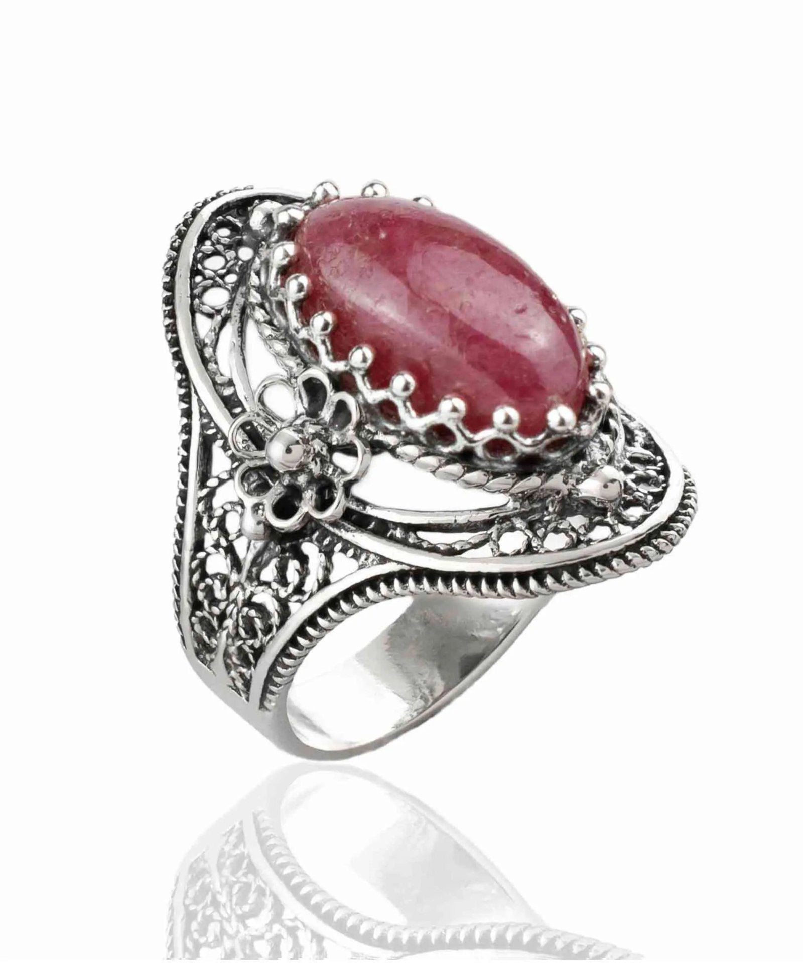 Filigree Silver Daisy Figured Rhodonite Gemstone Woman Statement Ring - Drakoi Marketplace