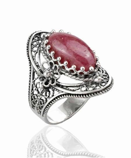 Filigree Silver Daisy Figured Rhodonite Gemstone Woman Statement Ring - Drakoi Marketplace