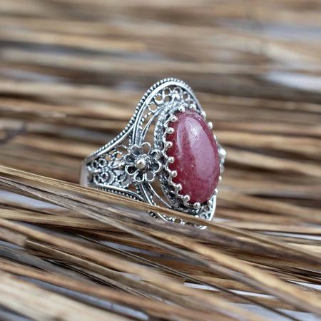 Filigree Silver Daisy Figured Rhodonite Gemstone Woman Statement Ring - Drakoi Marketplace