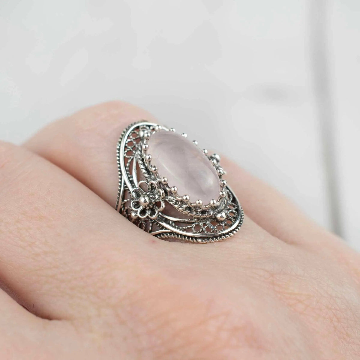 Filigree Silver Daisy Figured Rose Quartz Gemstone Woman Statement Ring - Drakoi Marketplace