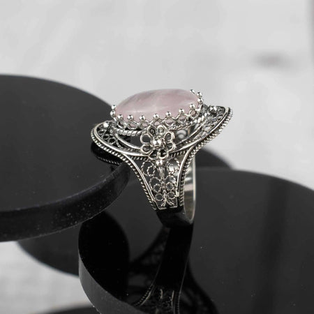 Filigree Silver Daisy Figured Rose Quartz Gemstone Woman Statement Ring - Drakoi Marketplace