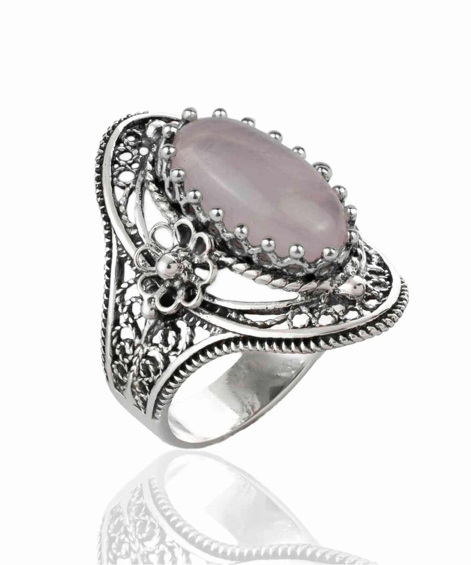 Filigree Silver Daisy Figured Rose Quartz Gemstone Woman Statement Ring - Drakoi Marketplace