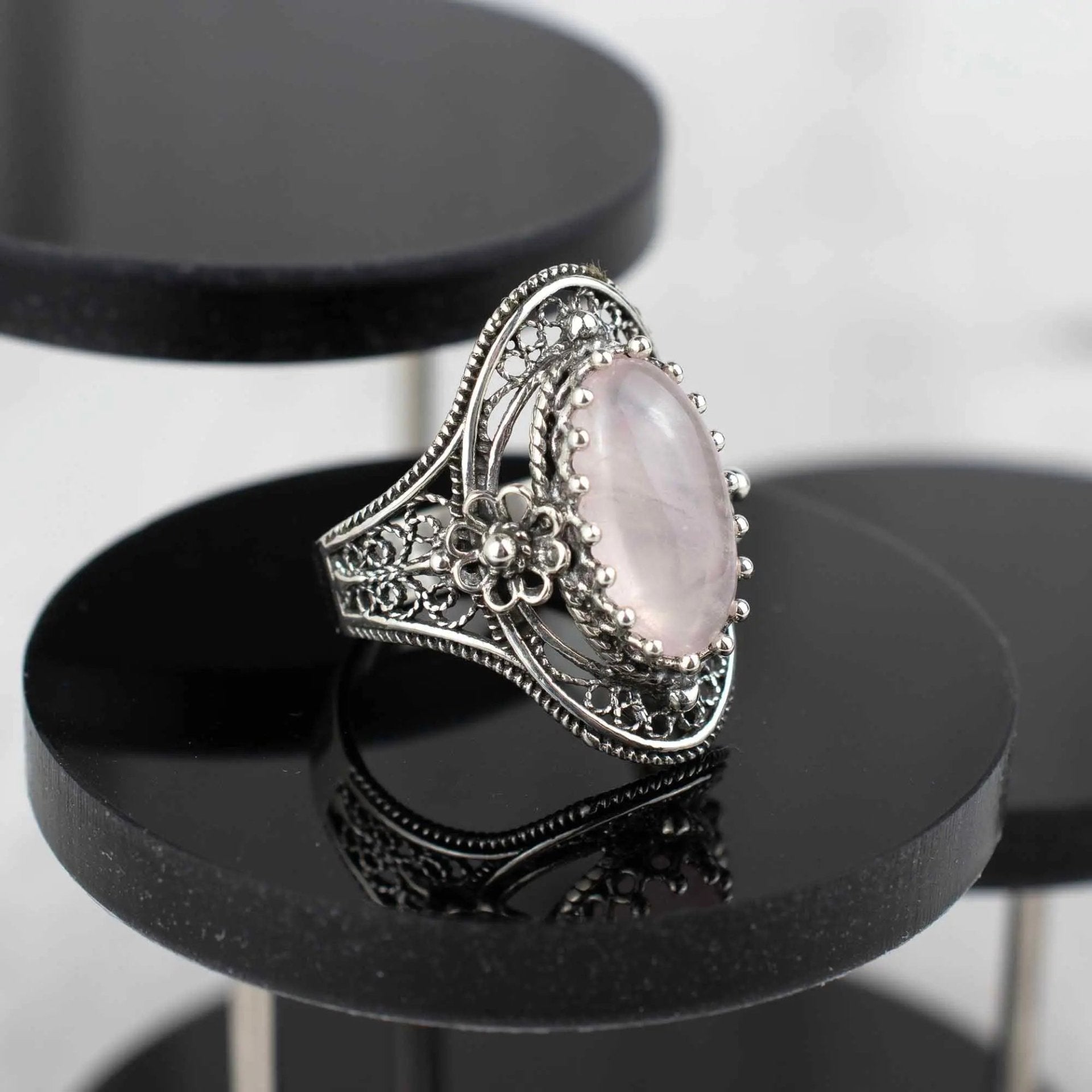 Filigree Silver Daisy Figured Rose Quartz Gemstone Woman Statement Ring - Drakoi Marketplace