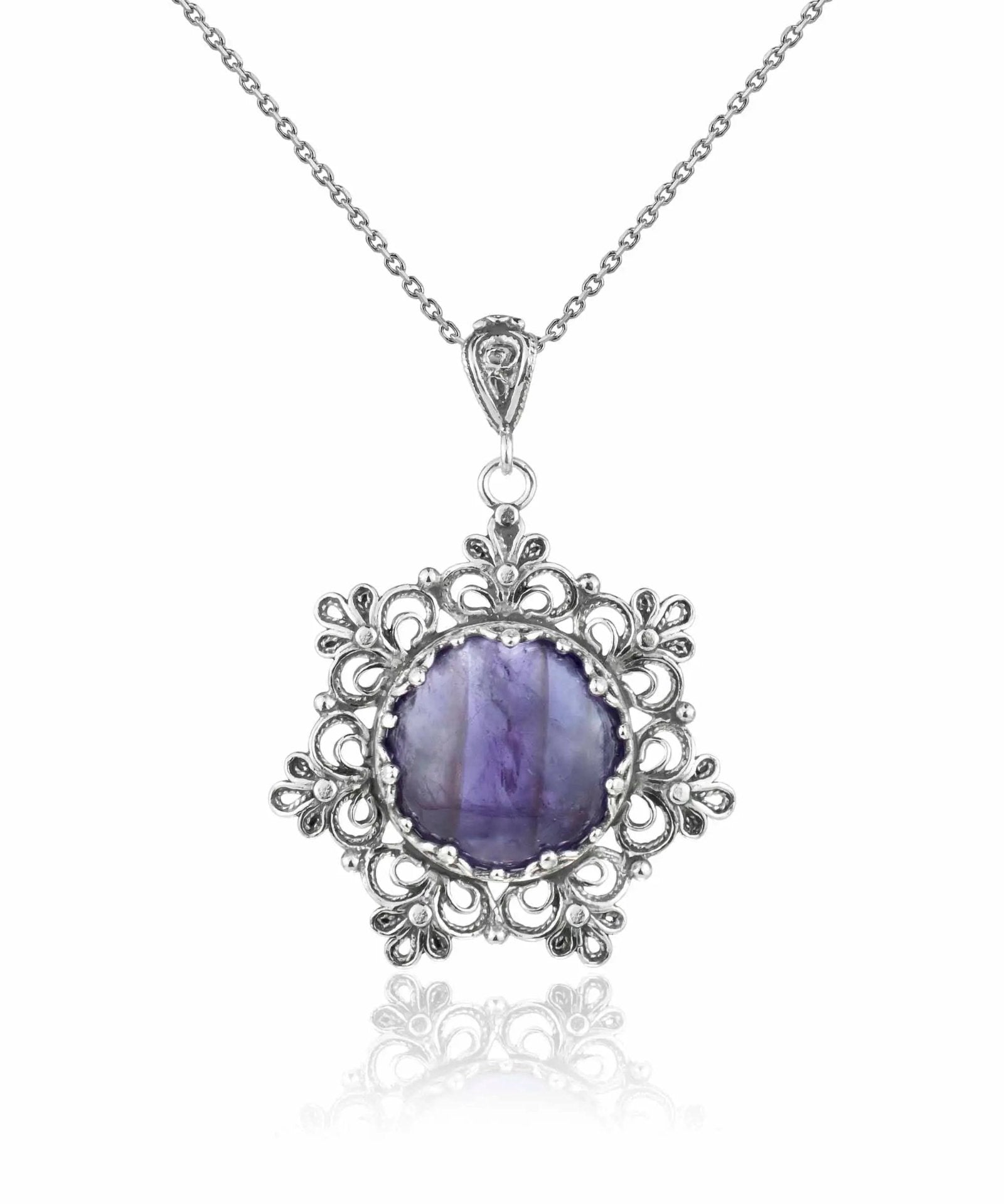 Filigree Silver Flower Figured Amethyst Gemstone Woman Pendant Necklace - Drakoi Marketplace