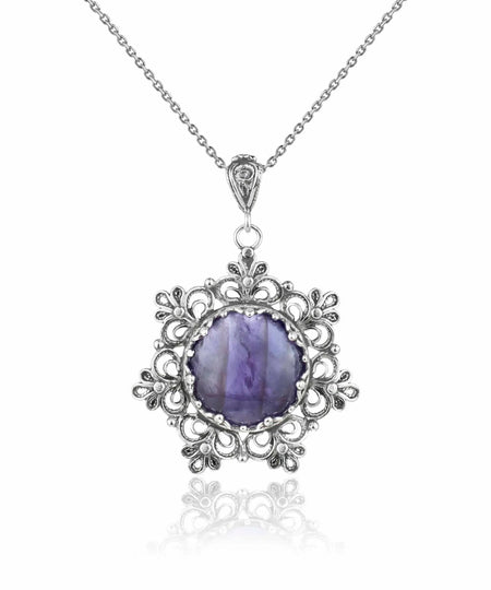 Filigree Silver Flower Figured Amethyst Gemstone Woman Pendant Necklace - Drakoi Marketplace