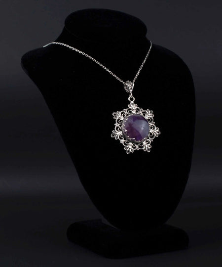 Filigree Silver Flower Figured Amethyst Gemstone Woman Pendant Necklace - Drakoi Marketplace