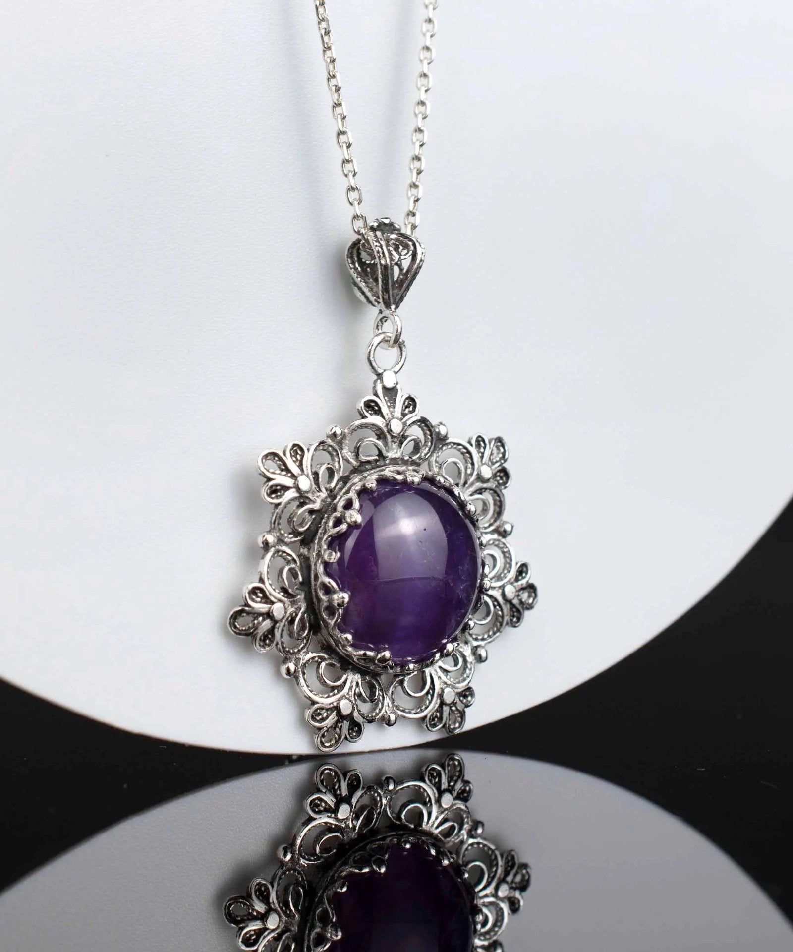 Filigree Silver Flower Figured Amethyst Gemstone Woman Pendant Necklace - Drakoi Marketplace