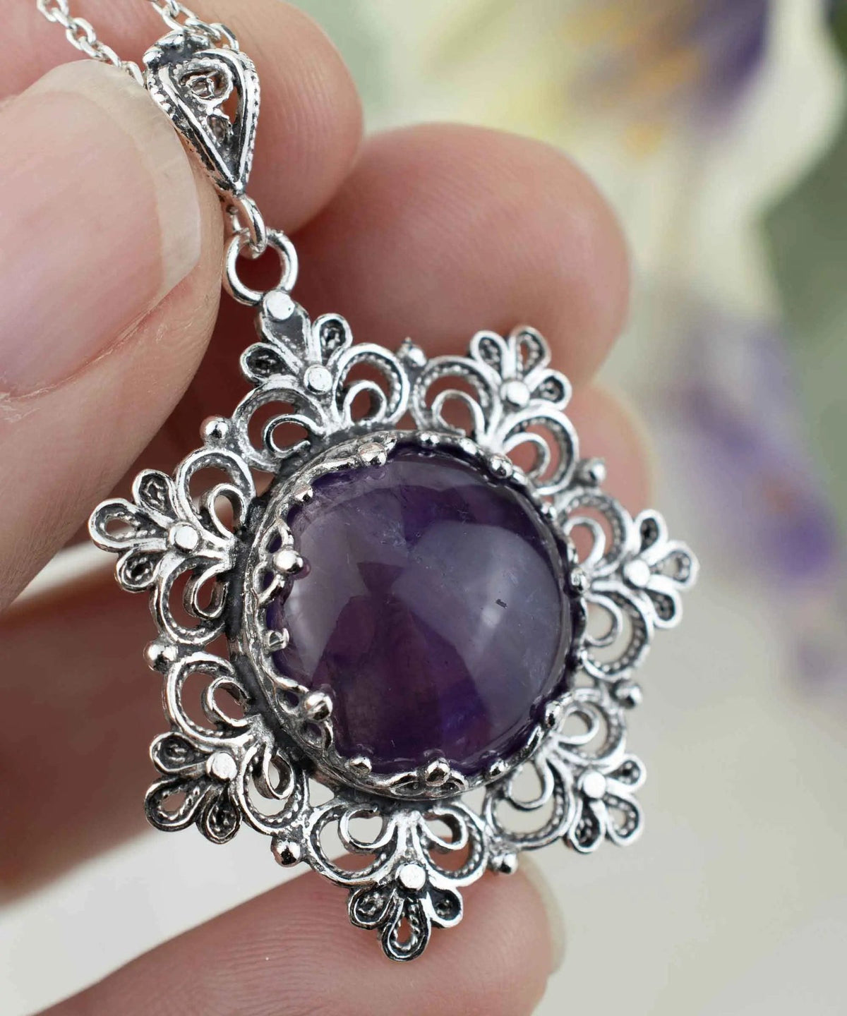 Filigree Silver Flower Figured Amethyst Gemstone Woman Pendant Necklace - Drakoi Marketplace