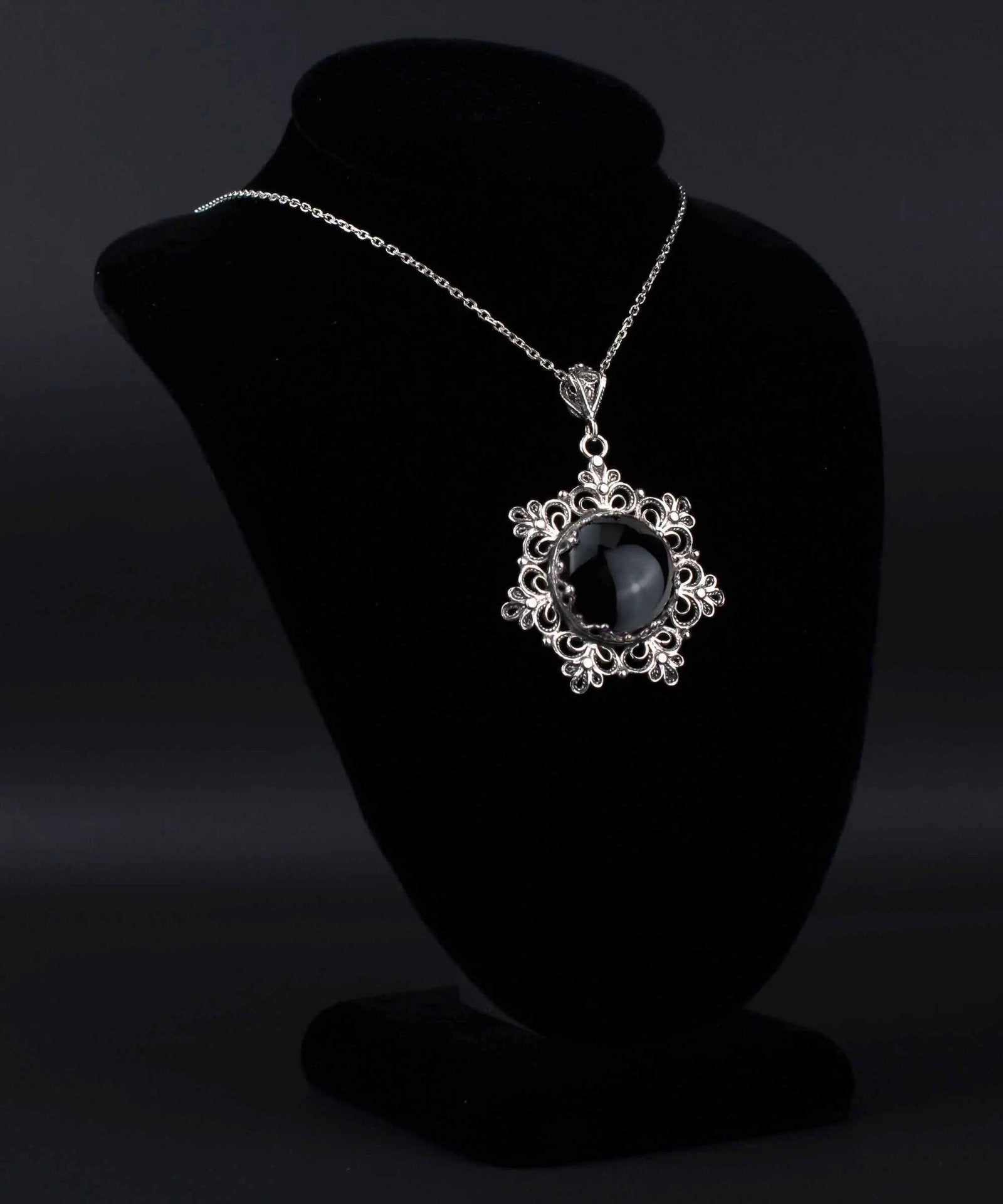 Filigree Silver Flower Figured Black Onyx Gemstone Woman Pendant Necklace - Drakoi Marketplace