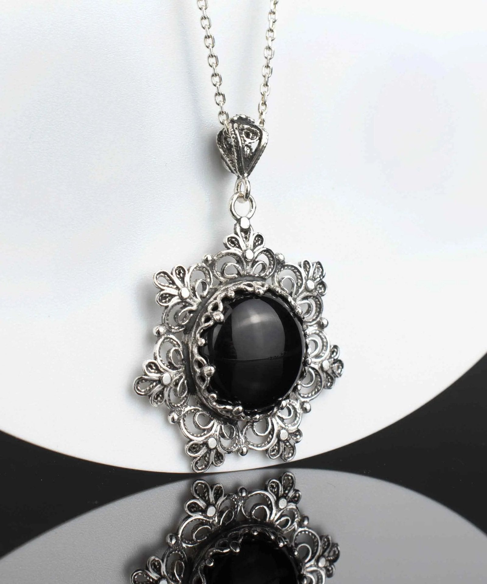 Filigree Silver Flower Figured Black Onyx Gemstone Woman Pendant Necklace - Drakoi Marketplace