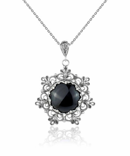 Filigree Silver Flower Figured Black Onyx Gemstone Woman Pendant Necklace - Drakoi Marketplace