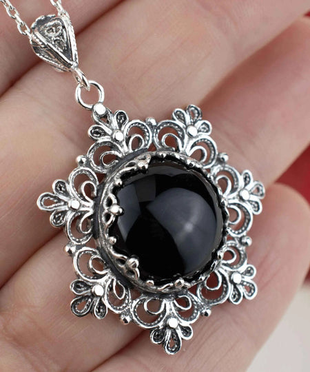 Filigree Silver Flower Figured Black Onyx Gemstone Woman Pendant Necklace - Drakoi Marketplace