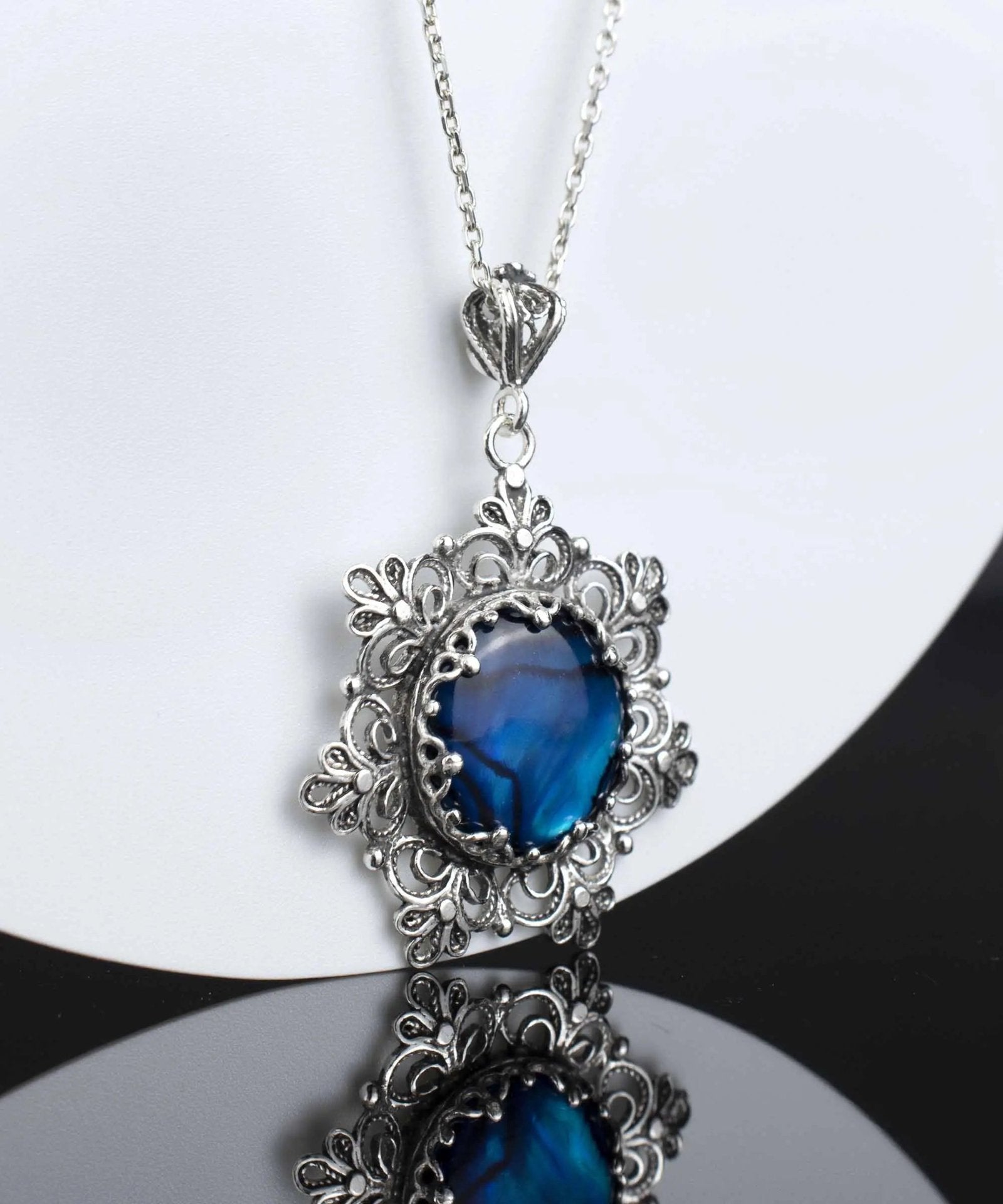 Filigree Silver Flower Figured Blue Abalone Gemstone Woman Pendant Necklace - Drakoi Marketplace