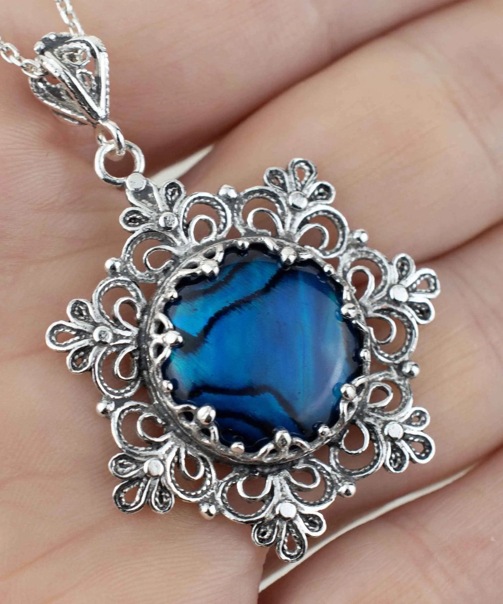 Filigree Silver Flower Figured Blue Abalone Gemstone Woman Pendant Necklace - Drakoi Marketplace