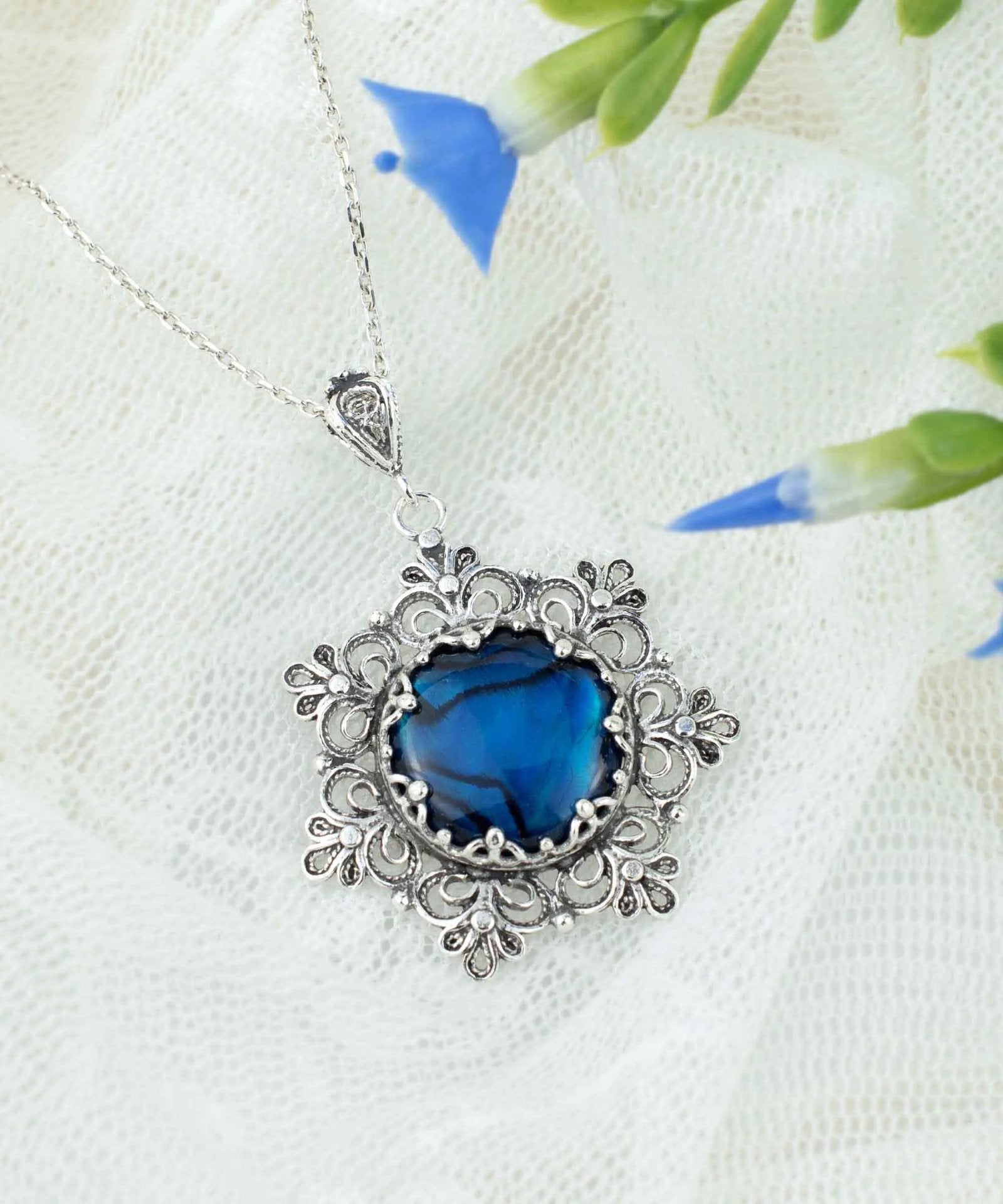 Filigree Silver Flower Figured Blue Abalone Gemstone Woman Pendant Necklace - Drakoi Marketplace