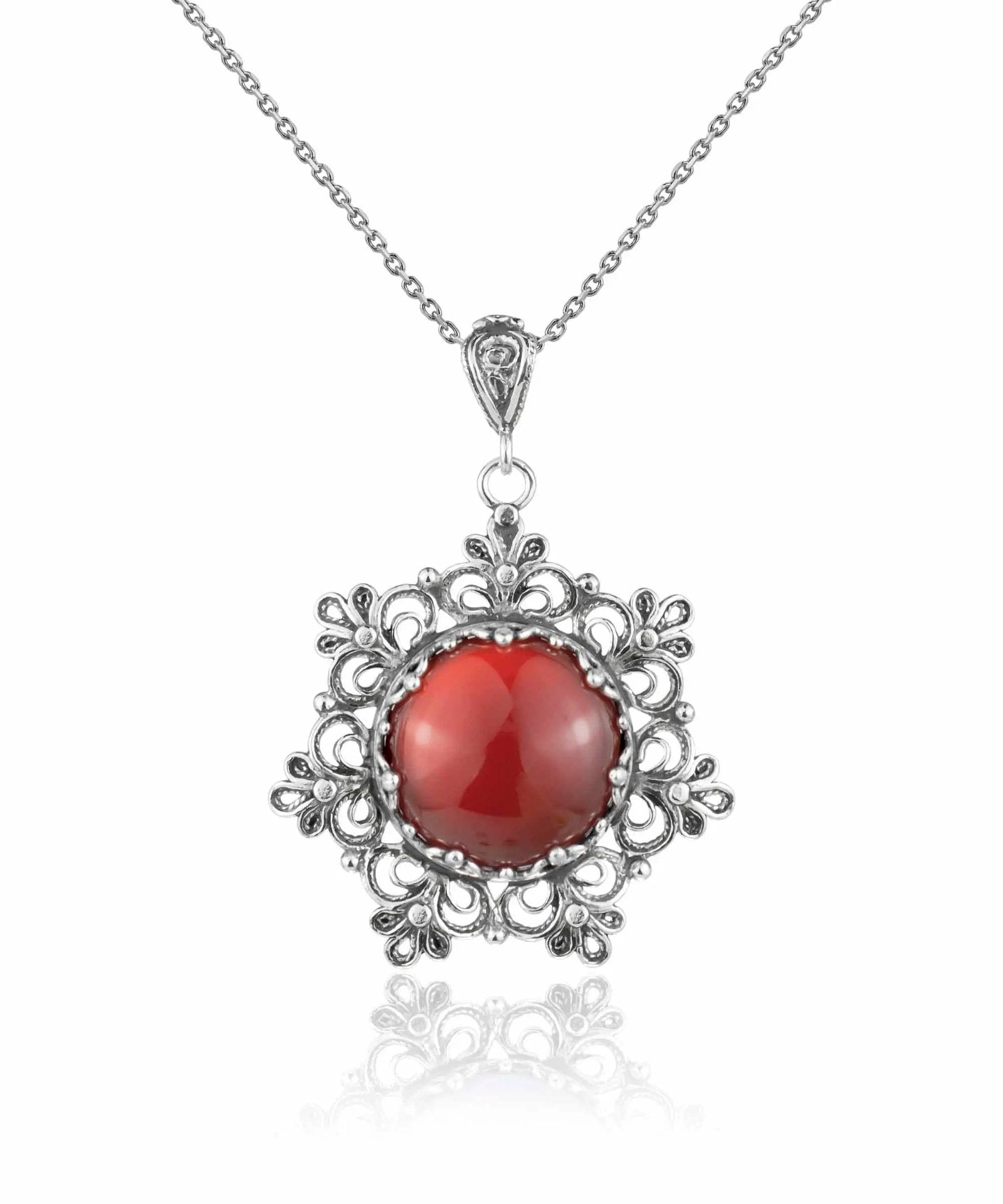 Filigree Silver Flower Figured Carnelian Gemstone Woman Pendant Necklace - Drakoi Marketplace