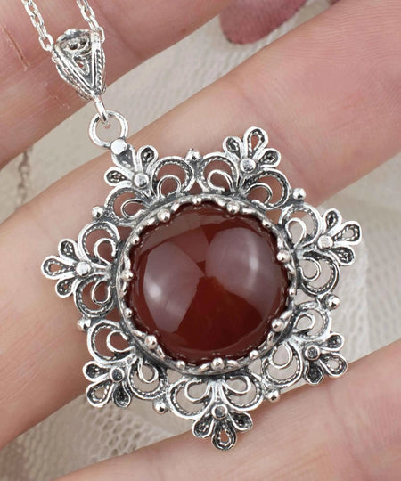 Filigree Silver Flower Figured Carnelian Gemstone Woman Pendant Necklace - Drakoi Marketplace