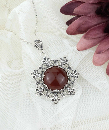 Filigree Silver Flower Figured Carnelian Gemstone Woman Pendant Necklace - Drakoi Marketplace