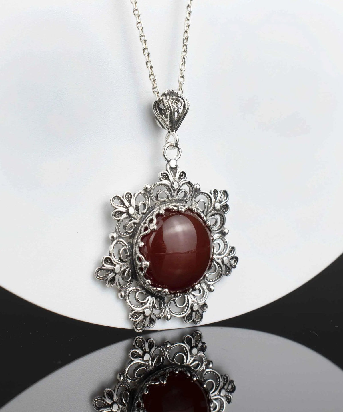 Filigree Silver Flower Figured Carnelian Gemstone Woman Pendant Necklace - Drakoi Marketplace