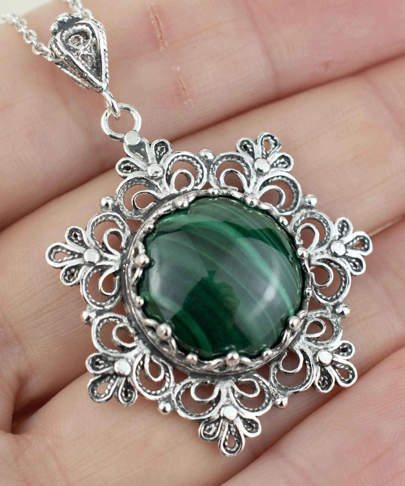 Filigree Silver Flower Figured Malachite Gemstone Woman Pendant Necklace - Drakoi Marketplace