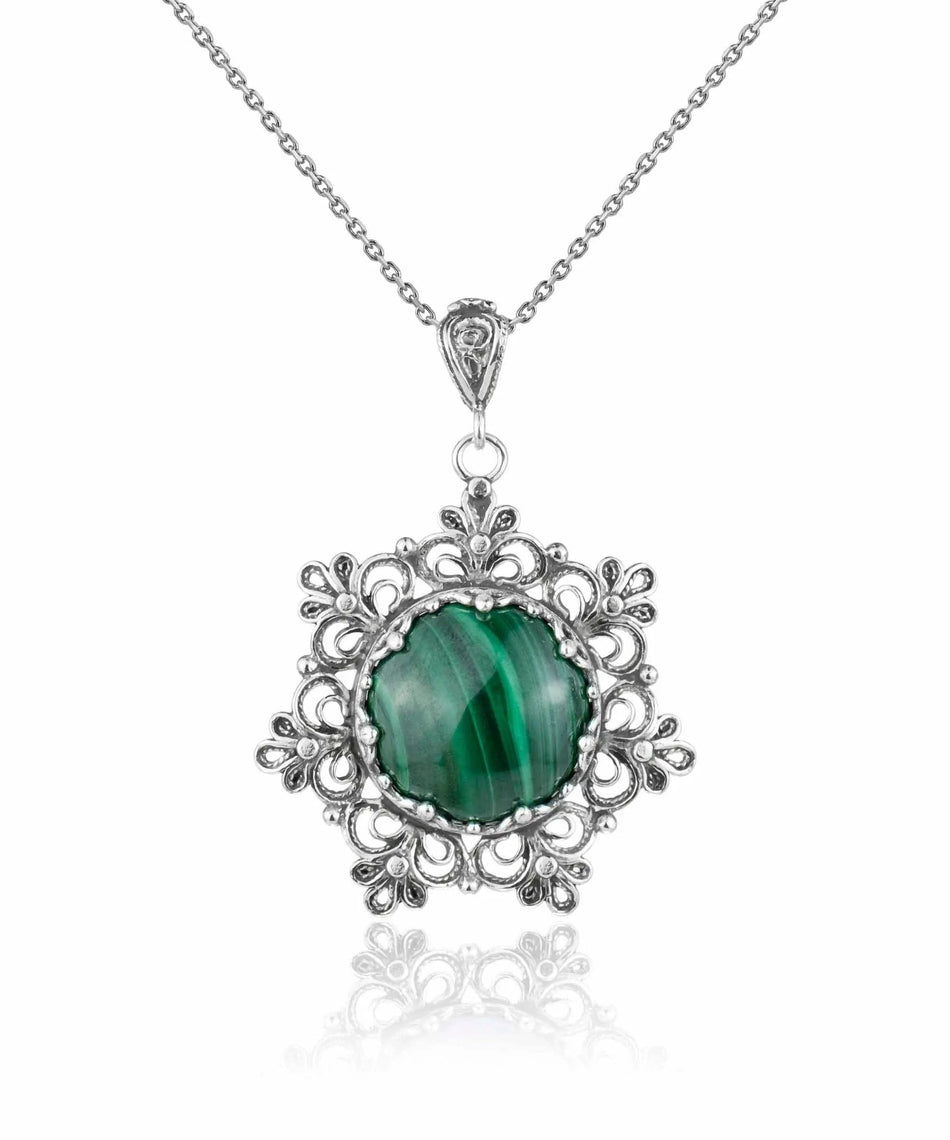 Filigree Silver Flower Figured Malachite Gemstone Woman Pendant Necklace - Drakoi Marketplace